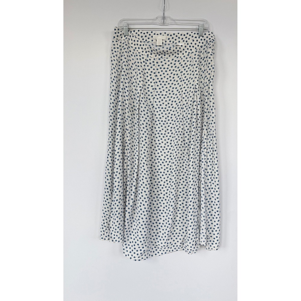 H&M Polka Dot Midi Skirt Size 12 Blue White Pleated Side Slit Boho Chic Romantic